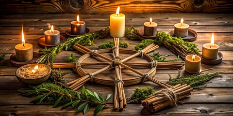 Wiccan altar for Imbolc sabbat with Brigid's cross amulet, candles, wheel of the year on a wooden table, Imbolc