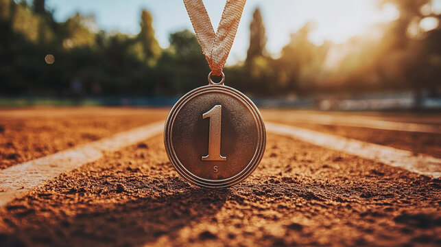 gold winner’s medal with the number "1" hangs proudly, symbolizing top achievement and excellence. Ideal for celebrating victories, success, and outstanding performance