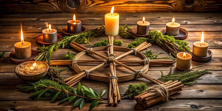 Wiccan altar for Imbolc sabbat with Brigid's cross amulet, candles, wheel of the year on a wooden table, Imbolc