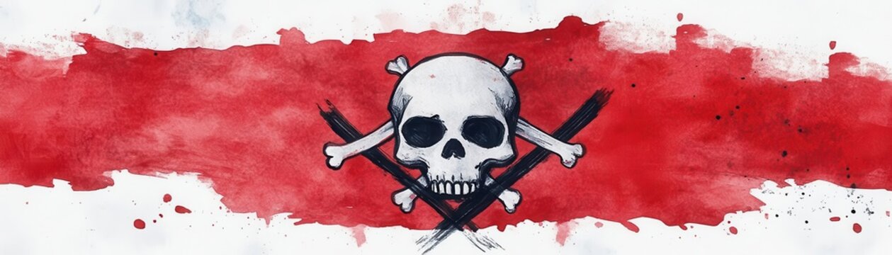 A striking illustration of a skull and crossbones on a red backdrop, symbolizing danger and adventure.