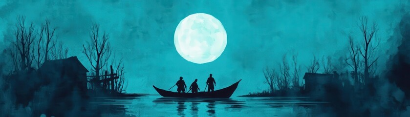 A serene night scene featuring a boat on a lake under a bright full moon, surrounded by misty trees and tranquil water.