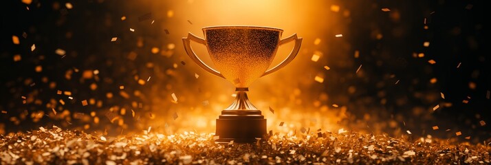 Golden trophy on a shimmering background, symbolizing victory, achievement, and celebration.