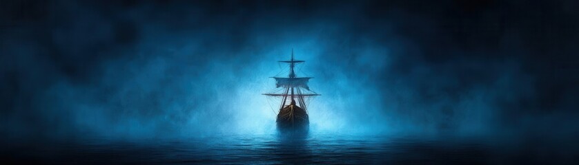 Fototapeta premium A mysterious ship emerges from fog, surrounded by an enchanting blue glow, evoking adventure and exploration on the open sea.