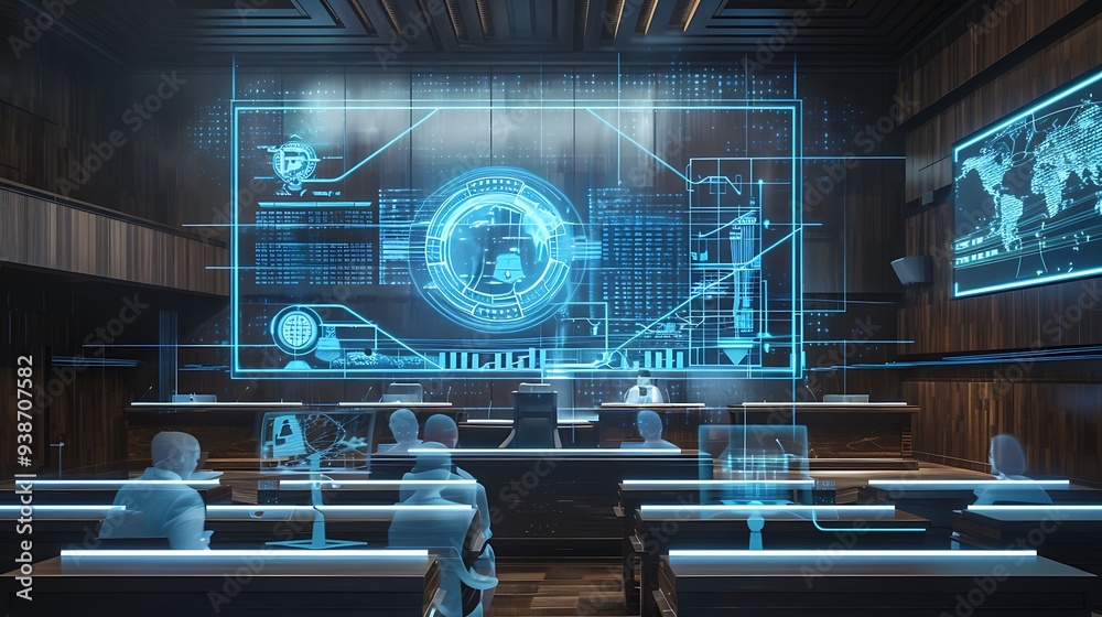 Poster futuristic control room with a large screen displaying complex data visualizations and a group of pe