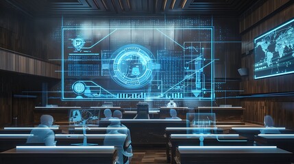 Futuristic control room with large screen displaying complex data visualizations for group of people monitoring system advanced technology and operations concept.