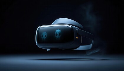 Futuristic virtual reality headset displaying eerie skull imagery in a dark setting, symbolizing advanced technology and gaming.
