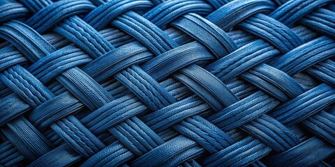 Close-up shot of dark blue braided fabric with intricate weave pattern, texture, fabric, close-up, blue, braided, detailed