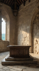 Obraz premium a small wooden table in a stone room