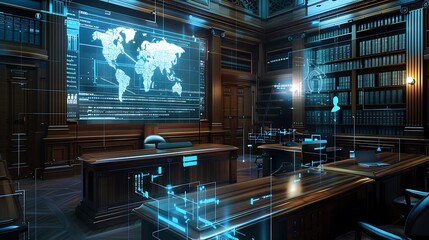 modern control room with a futuristic screen displaying a world map, showing digital data, network and information.