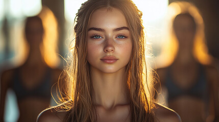 Back view of a group of slender women practicing yoga, symbolizing unity, balance, and wellness through shared physical and mental discipline