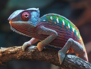 Obraz premium A vibrant chameleon perched on a tree branch, super realistic and clear image