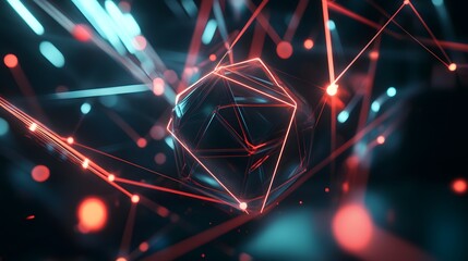 98. "An elegant 3D scene of rotating geometric forms and glowing lines with a dark, vibrant environment