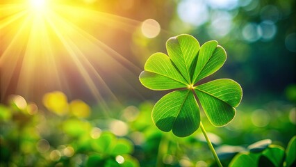 Close-up of a vibrant green four leaf clover in natural sunlight, luck, fortune, St. Patrick's Day, Irish, symbol, plant, green