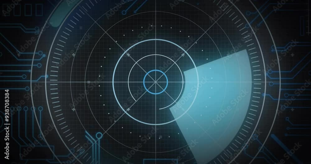 Poster radar scanning animation with blue digital interface and circuit patterns