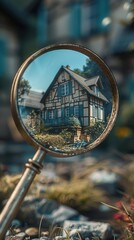 New house search, rental market, magnifying glass by building, generative AI, realistic and detailed, residential area