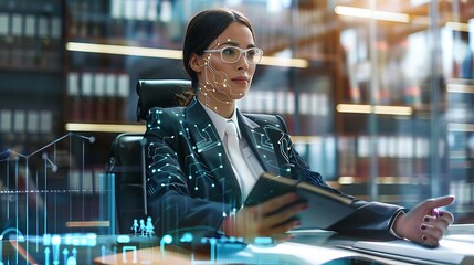 Businesswoman sits at her desk, working with a digital interface overlay shows lines of code and charts, representing connection to the digital world. Her focused expression smart attire professional.
