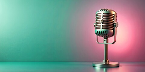 Retro microphone on pastel pink and green background with space for text , Podcast, vintage, old-fashioned