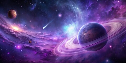 Mystical purple galaxy with planet and stars in deep space, mystical, purple, galaxy, planet, stars, deep space, fantasy