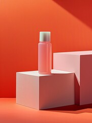 Elegant pink bottle displayed on geometric podium with orange background, perfect for beauty and skincare product advertisements.