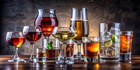 Collection of various alcoholic beverages in different glasses, alcohol, beverages, cocktails, drinks, assortment, bar