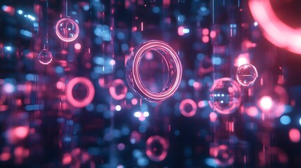85. "A high-tech scene featuring floating rings and glowing polygons with a dark, vibrant environment