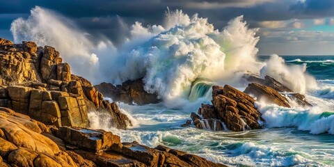 Fototapeta premium Waves crashing fiercely against rugged rocks, waves, crashing, powerful, force, ocean, water, nature, sea, rocks