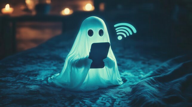 A whimsical ghost using a tablet in a cozy, dimly lit room, symbolizing the blend of the supernatural and technology.