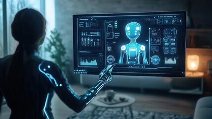 A futuristic scene depicting a person interacting with a robotic interface, showcasing advanced technology and digital innovation.
