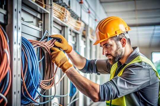 A man in a yellow hard hat is working on electrical wires
