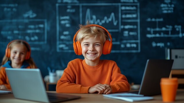 Smiling child wearing orange headphones studying with laptop in front of a blackboard, representing fun and engaging online learning environment.