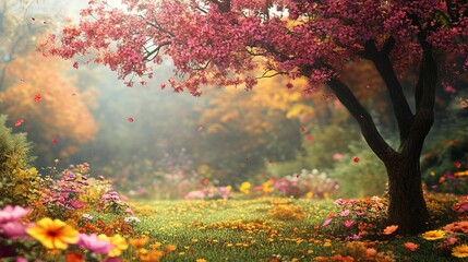 Autumn spring tree and flower landscape. Generative ai