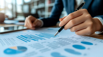 businessman&rsquo;s hand holding a pen, gesturing to highlight key points during a discussion. Represents decision-making, leadership, focus, and professional analysis