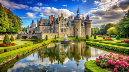 Obraz premium Beautiful castle surrounded by lush gardens and a sparkling moat, fairy tale, princess, magical, fantasy, medieval