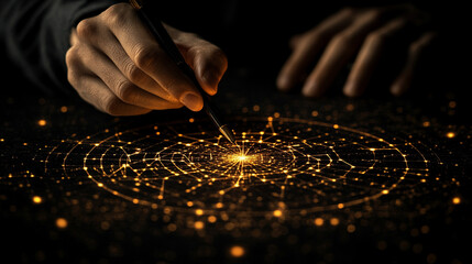 businessman’s hand holding a pen, gesturing to highlight key points during a discussion. Represents decision-making, leadership, focus, and professional analysis