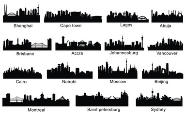City silhouette skyline collection. Set of black city silhouette. Night town skyline icons