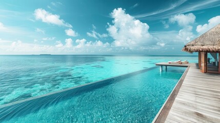 Obraz premium A luxurious overwater bungalow with a private infinity pool, nestled amidst the turquoise waters of the Maldives.