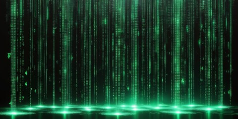 A mesmerizing cascade of luminescent green data streams flows downward in a shimmering curtain

