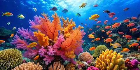 Obraz premium Colorful coral reef with vibrant fish and sea fans, coral reef, technicolor fish, sea fans, marine creatures, underwater