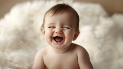 A Baby Girl Laughing On A White Furry Blanket