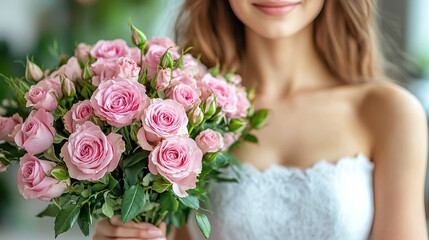 Naklejka premium close-up of a woman's hand gently holding vibrant flowers, capturing the delicate textures and vivid colors. This intimate shot symbolizes growth, beauty, and the nurturing nature of humanity