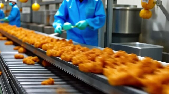 In a contemporary poultry plant, chickens are hung on a chain conveyor for the cut-up portion.