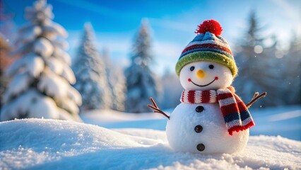 Obraz premium Snowman smiling in the snow on a winter day, snow, snowman, winter, cold, frosty, happy, holiday, seasonal, white