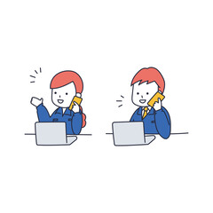 携帯電話で話しながらパソコンで仕事をする作業員の男女