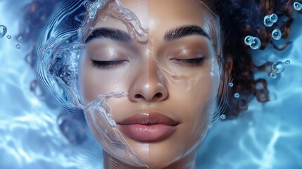 A serene woman with closed eyes submerged in water, showcasing the calmness and beauty of skincare and relaxation.