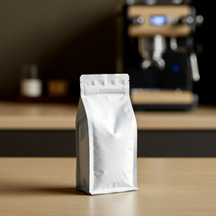  Mockup of a white coffee bag, on the counter table, and a coffee machine in the background