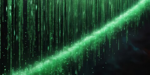 A mesmerizing cascade of luminescent green data streams flows downward in a shimmering curtain
