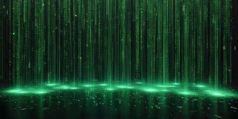 A mesmerizing cascade of luminescent green data streams flows downward in a shimmering curtain
