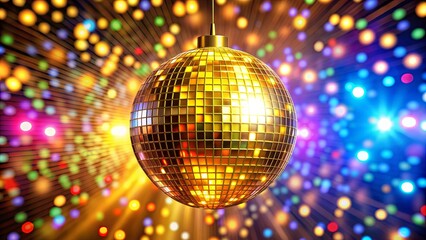 Obraz premium Golden disco mirror ball hanging from the ceiling surrounded by colorful lights , party, dance, club, nightlife, music