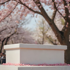 a white bench with pink petals on it in front of a tree