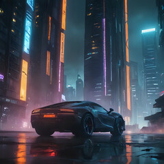 futuristic city with a car in the middle of the road